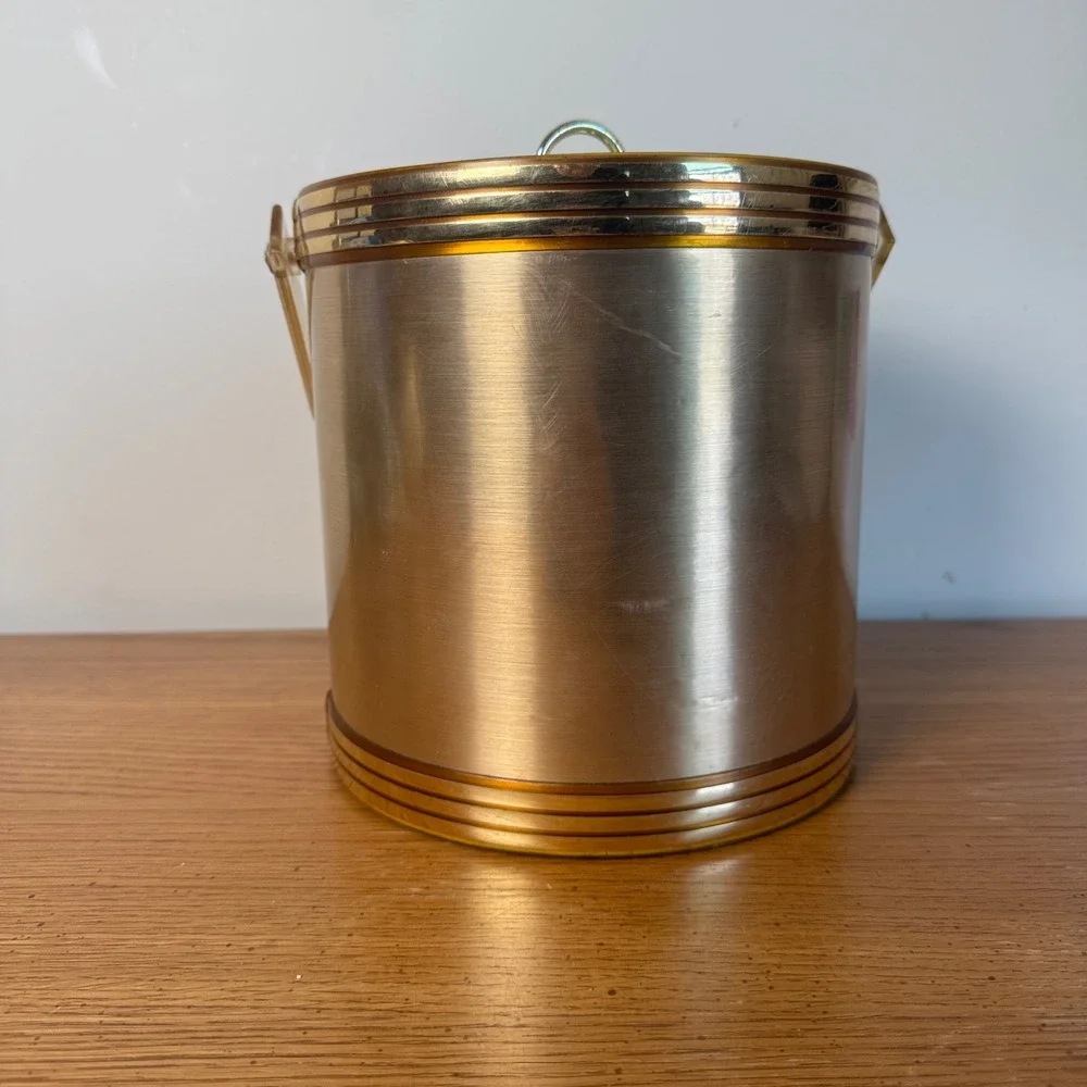 Vintage Mid Century Gold Brushed Metal Ice Bucket with Lid Tongs‎ Made in USA